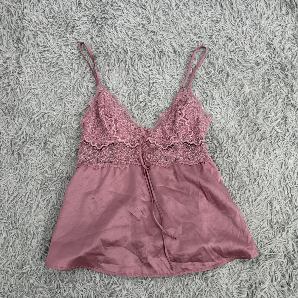 Victoria Secret Cami Top Pink Lace Trim Satin Adjustable Straps Open Back XS